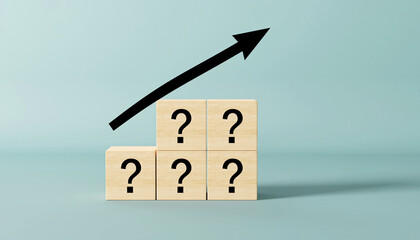 Wooden blocks arranged in a staircase pattern with question marks on their faces, topped by an upward trending arrow, symbolizing growth and the unknown future