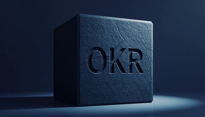 The acronym OKR, for Objectives and Key Results, is engraved on a solid dark cube, symbolizing a concrete business strategy for goal setting and performance management