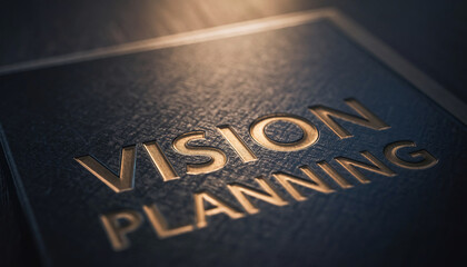 Close-up shot of a leather-bound book with embossed gold lettering that reads 'Vision Planning', emphasizing goals and strategy