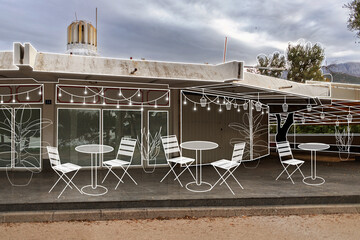 Outdoor caf&eacute; concept illustrated over an abandoned pavilion &mdash; mixed-media transformation showing creative design, urban renewal, and modern line-art imagination.