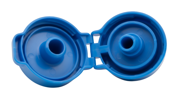 Open blue plastic water bottle cap, revealing intricate internal details and hinge mechanism, precisely isolated on a clean transparent background for packaging and hydration concepts