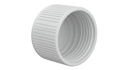Close-up studio shot of a white plastic ribbed screw cap for bottles or jars, presented as an industrial packaging component isolated on a clean transparent background
