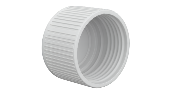 Close-up studio shot of a white plastic ribbed screw cap for bottles or jars, presented as an industrial packaging component isolated on a clean transparent background
