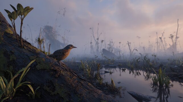Bird on charred log in misty swamp with dead trees and water at dawn or dusk - Powered by Adobe