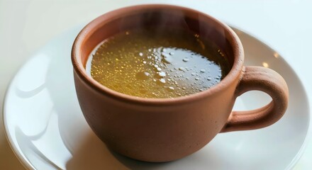 Rustic clay vessel with golden bone broth for wholesome restorative nutrition and mindful living inspiration