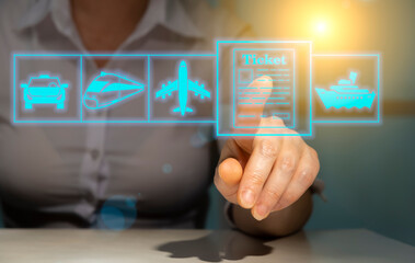 Booking travel tickets online with a digital interface showcasing various modes of transport