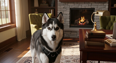 Husky with harness siberian husky dog in home office by fireplace, black and white coat, alert gaze, wearing sturdy front-clip harness, cozy interior, companionship, intelligence, working breed