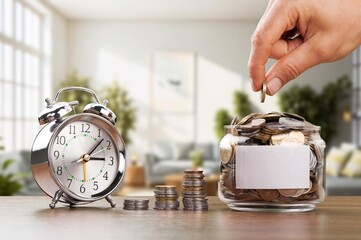 Hand putting gold Coins in jar with alarm clock