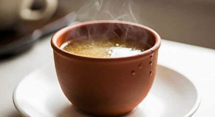 Golden bone broth close-up in clay vessel for wholesome restorative nutrition and mindful living concept