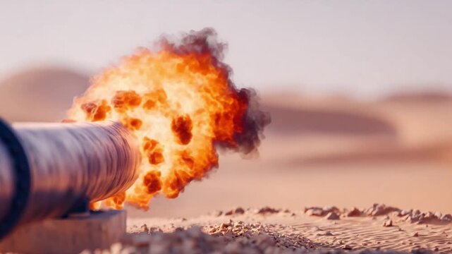 Blazing Inferno: Intense flames erupt from a metal pipe set against the backdrop of an arid desert landscape, symbolizing raw energy and industrial power.