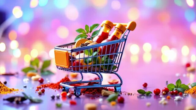 Shopping cart filled with colorful spices and condiments on sparkling background