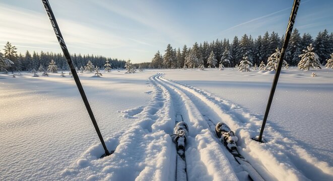 A first-person view of cross-country skiing on a snowy track. The bright sun illuminates the scene, casting long shadows from the snow-covered trees. - Powered by Adobe