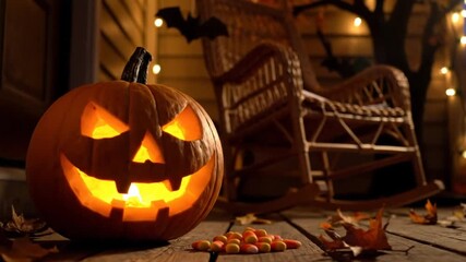 Spooky carved jack-o'-lantern on porch with candy corn, rocking chair, autumn leaves, and string lights for Halloween festivities