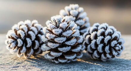 Obraz premium A close-up of several pine cones covered in frost, resting on a frosty surface. The soft light highlights the icy details.