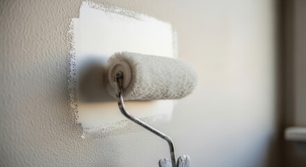 A close-up shot captures a paint roller applying white paint to a textured, light-colored wall, with a portion of the wall already painted.
