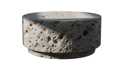 Robust cylindrical concrete block with a distinctive rough and porous texture, showcasing natural material imperfections, isolated on a clean transparent background