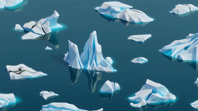 A low poly digital art rendering showcases various geometric icebergs floating in a reflective blue ocean, creating a serene and stylized arctic landscape.