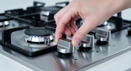 A hand turns a silver knob on a stainless steel gas stove. The focus is on the hand and controls.