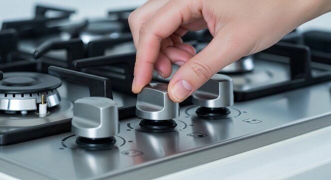 A hand is shown adjusting a silver knob on a stainless steel gas stove. The stove has black grates and visible burners.