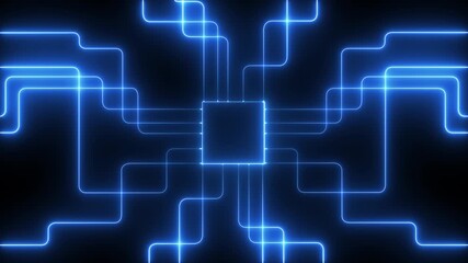 Digital Data moving on Circuit Board and CPU loop backgrounds. neon abstract futuristic tech background with circuit board lines. Computer Processing and organizing data. Motherboard circuit pattern. 