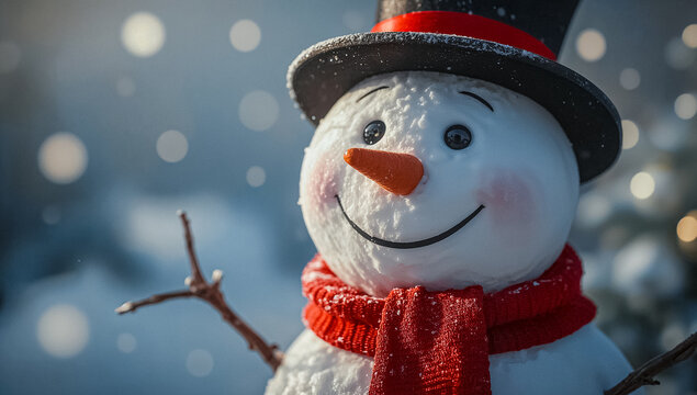 closeup of a snowman with a warm and inviting expression, on snowy snow snowscape with bokeh lights