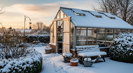Snow on greenhouse roof glasshouse in winter garden at sunrise, snow-laden roof, frosted panes, bench and watering can in foreground, tidy hedges and bird feeder, cold season care, calm order and hope