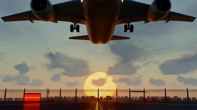 A commercial airplane ascends or descends against the dramatic backdrop of a vibrant sunset or sunrise sky over an airport runway.