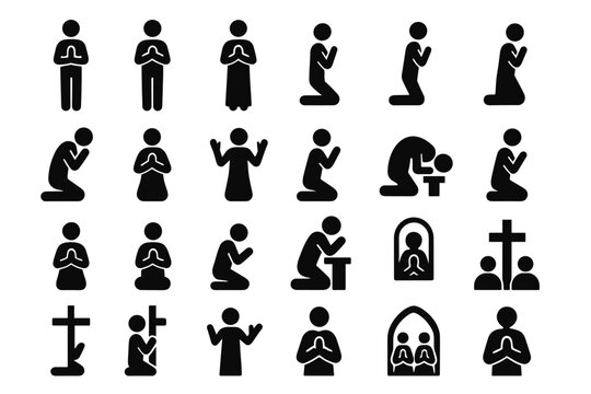 A set of 18 black silhouette icons depicting people in prayer. All figures are rendered in a simple, minimalist style and convey different poses and contexts of Christian prayer. - Powered by Adobe