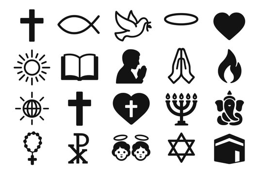 A set of 20 black silhouette icons representing symbols of various world religions and general spiritual concepts (interreligious/multireligious set).