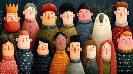 Whimsical group of diverse characters in knitted sweaters and unique hats people diversity photo