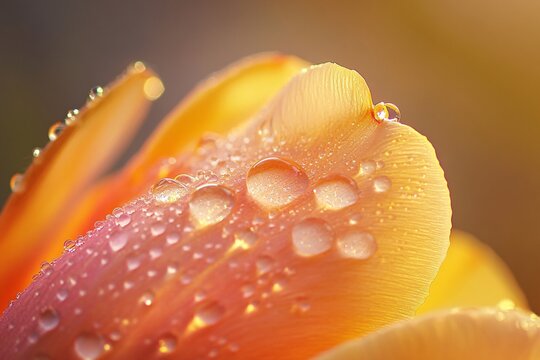 Macro closeup of a yellow flower petal with fresh water drops and dew