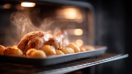 Roasted chicken with golden potatoes is steaming in the oven, showcasing a delicious meal preparation and inviting culinary atmosphere