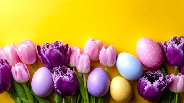 Colorful tulips and easter eggs create vibrant spring display