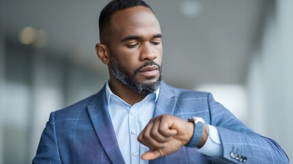 Close-up of businessman checking watch in modern office setting