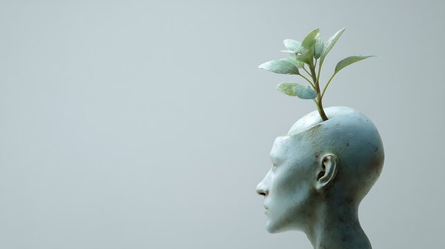 human head sprouting a small green plant from the top, symbol of mental rebirth and new beginnings, minimalist conceptual art, soft light, v7 fine detail 