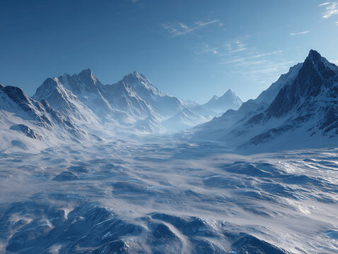 Winter panorama of snow-covered alpine mountain peaks and glaciers under a clear blue sky