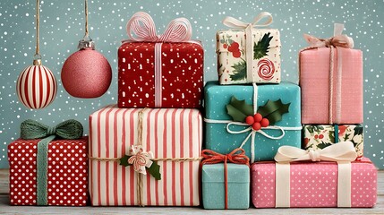 Assortment of Wrapped Christmas Gifts with Ornaments and Snow presents holiday photo