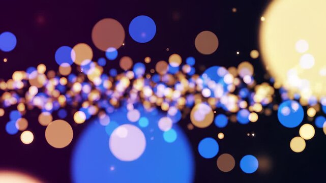 Bokeh circles of swirling blue and yellow lights create an mesmerizing close up visual effect, conceptually representing technological innovation and its versatility in applications such as.
