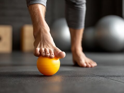 Faceless athlete performing foot rehab using massage ball cropped legs tool visible calm gym environment realism