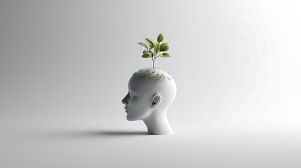 human head sprouting a small green plant from the top, symbol of mental rebirth and new beginnings, minimalist conceptual art, soft light, v7 fine detail 