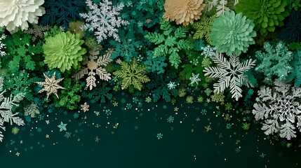Green and White Snowflakes and Floral Elements Border Keywords: snowflakes, green, white, floral, border, Christmas, photo