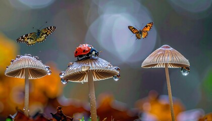water droplets on mushrooms, ladybugs and butterflies