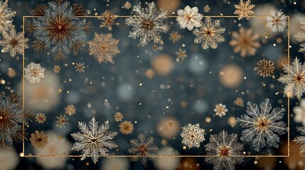 Decorative frame of golden snowflakes and bokeh lights on a dark textured photo background border
