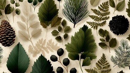 Green and Beige Botanical Elements Including Pine Cones and Ferns foliage leaves photo