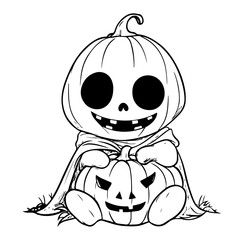 Cute Funny Halloween Vector Illustration coloring pages with pumpkins, ghosts, and bats for kids