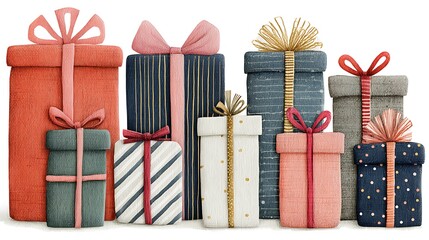 Stacked Textured Fabric Gift Boxes With Ribbons And Bows In Various Colors present package photo