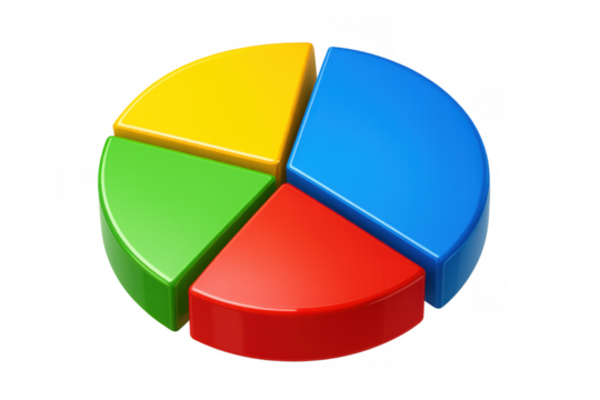 Business data analysis pie chart showing market shares and statistics as an infographic for financial reporting on transparent background