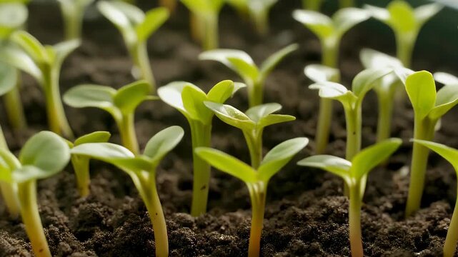 A vibrant close-up of numerous small, green seedlings freshly emerging from rich dark soil, symbolizing new life and growth.