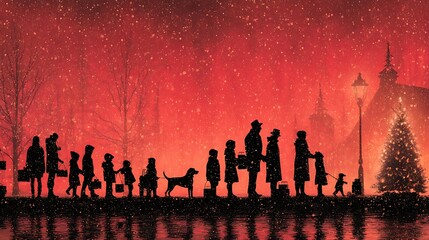 Silhouette Family and Christmas Tree Reflected in Water with Snowy Red Sky Keywords: christmas, snow, winter, family,... photo