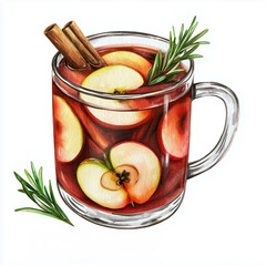 Glass mug with apple cider, cinnamon and rosemary. Watercolor illustation of festive drink for Christmas and New Year celebration.